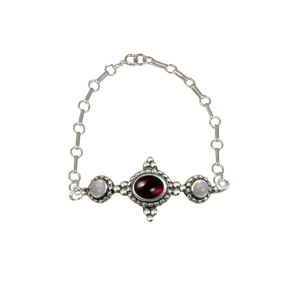 Sterling Silver Gemstone Adjustable Chain Bracelet With Garnet And Rainbow Moonstone